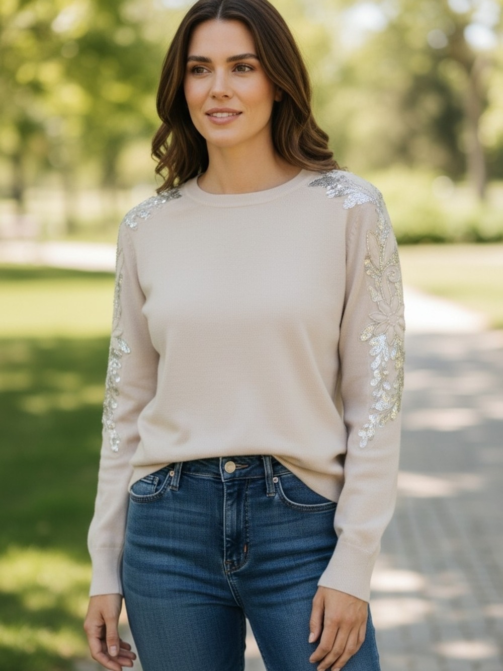 Liv Milano Cream Knit Top with Sequin  Branded Patch XL